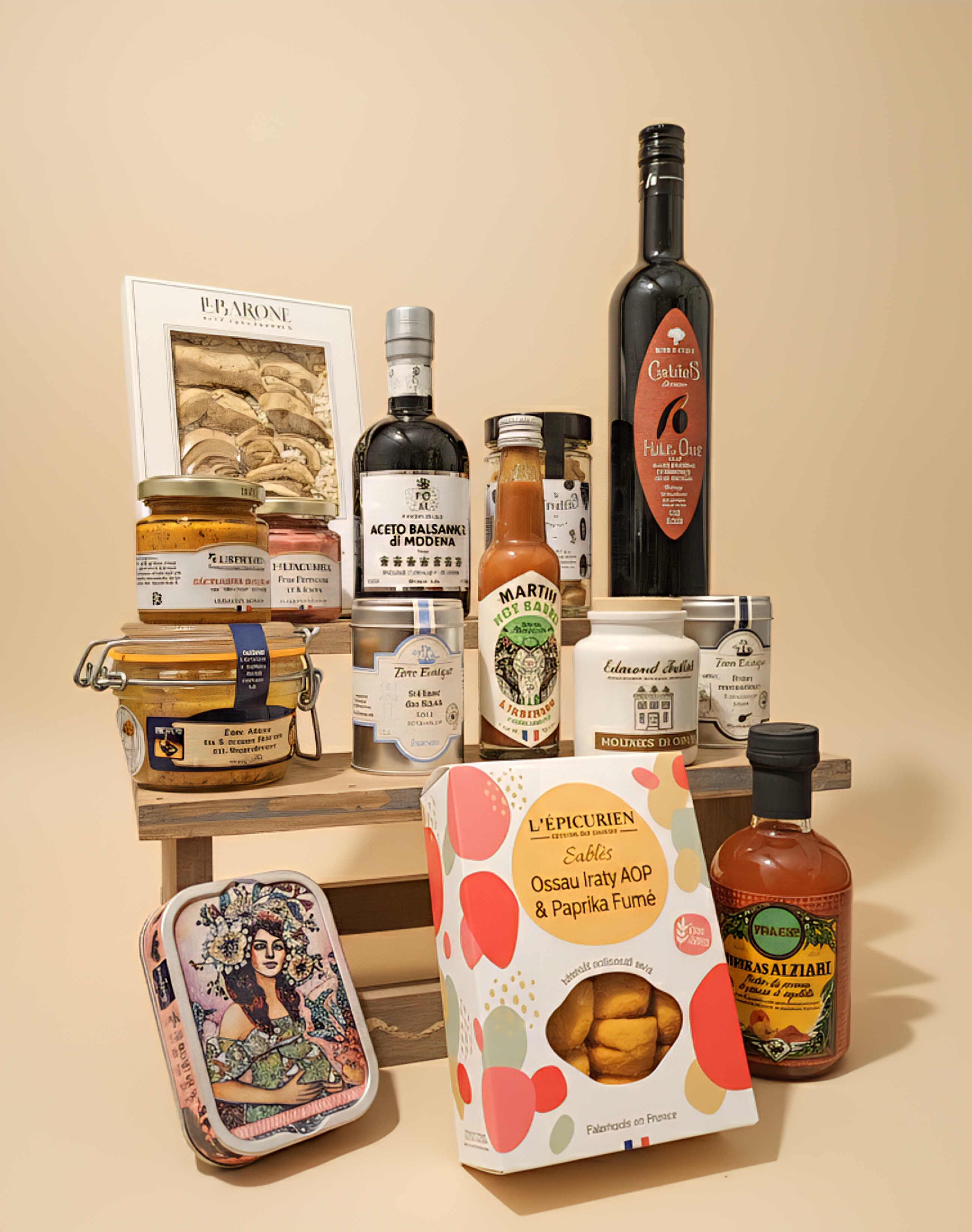 Sélection de produits salés et aides culinaires Maison Lhote : Huile d'Olive, Vinaigre balsamique de Modène, moutardes, tartinables et biscuits apéritifs Ossau Iraty.