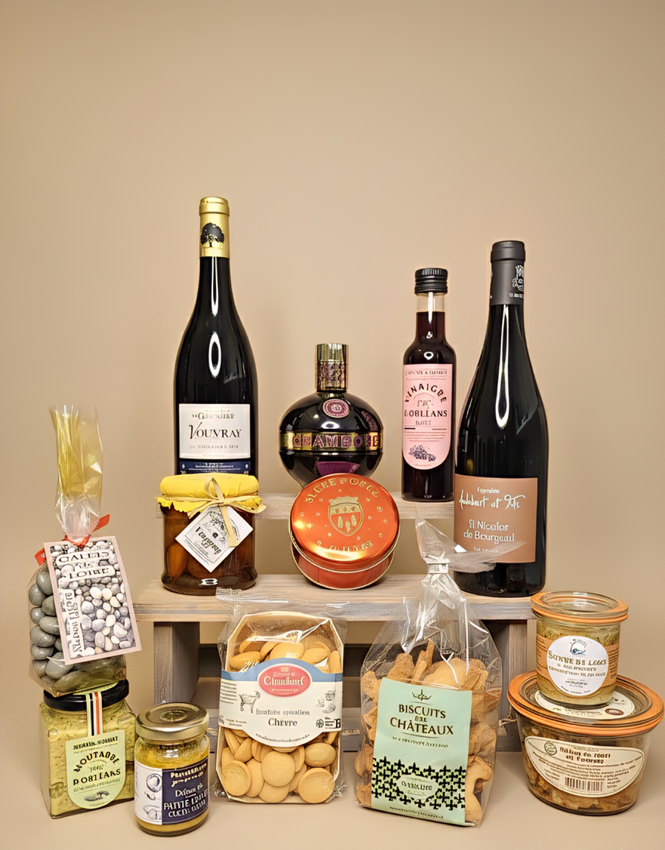 Assortiment de produits locaux tourangeaux , notamment des bouteilles de vin, des confitures, des biscuits et des condiments, disposés sur une étagère en bois.