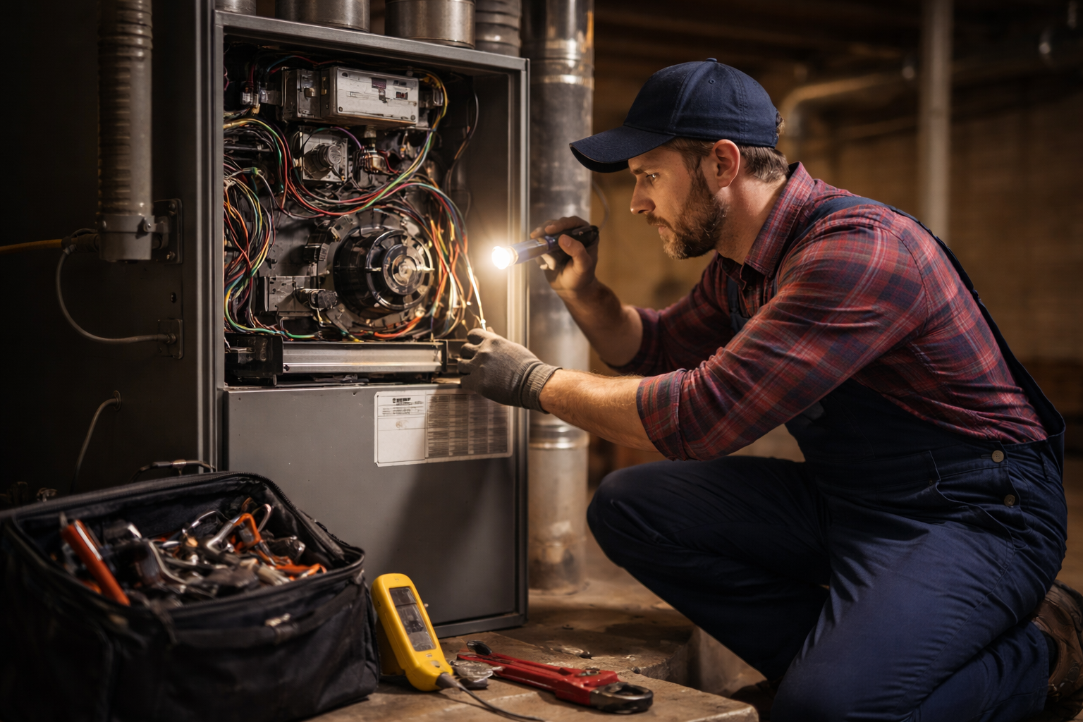 Dalelis Mechanical technician performing HVAC maintenance on a residential heating system in Norwood, MA