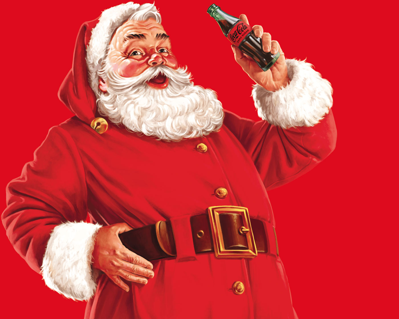 Jolly Santa Claus in red suit holding a bottle of Coca-Cola Zero Sugar against a red background.