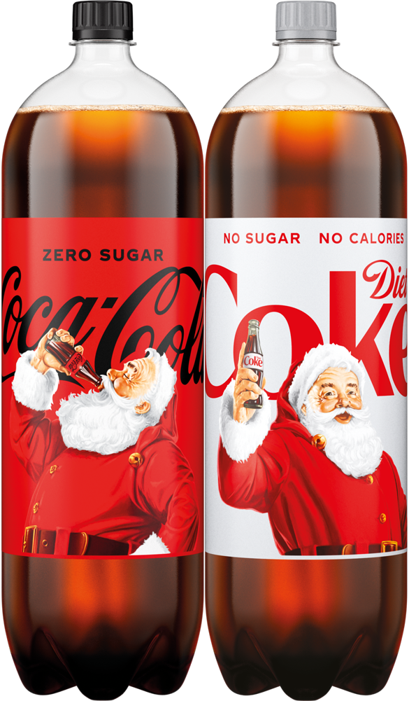 Two Coca-Cola bottles featuring Santa Claus; the left bottle with a red label says 'Zero Sugar' and shows Santa drinking Coke, the right bottle with a white label says 'Diet Coke No Sugar No Calories' and shows Santa holding a bottle of Diet Coke.