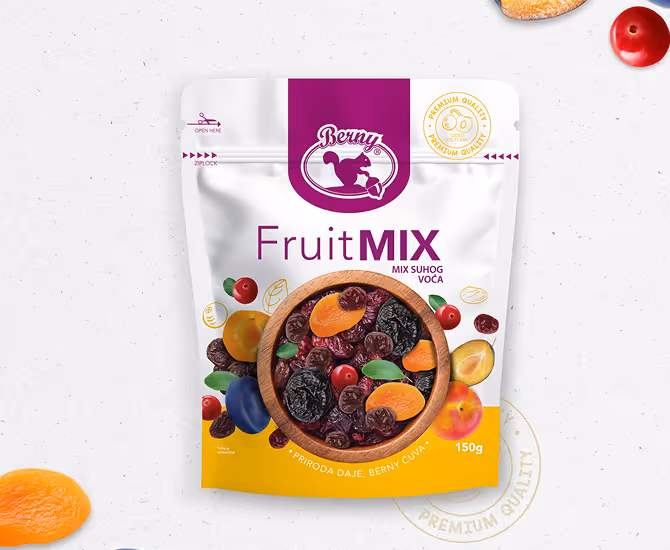 Pack of Berny FruitMIX dried fruit mix displaying a bowl with various dried fruits including apricots, cherries, and raisins on a white and yellow background.