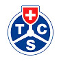Logo TCS avec une croix suisse rouge au centre d'un cercle bleu.