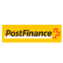 Logo de PostFinance sur fond jaune avec texte noir et symbole plus orange.
