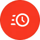 Icône blanche d'une horloge avec des traits indiquant la vitesse, sur fond rouge circulaire.