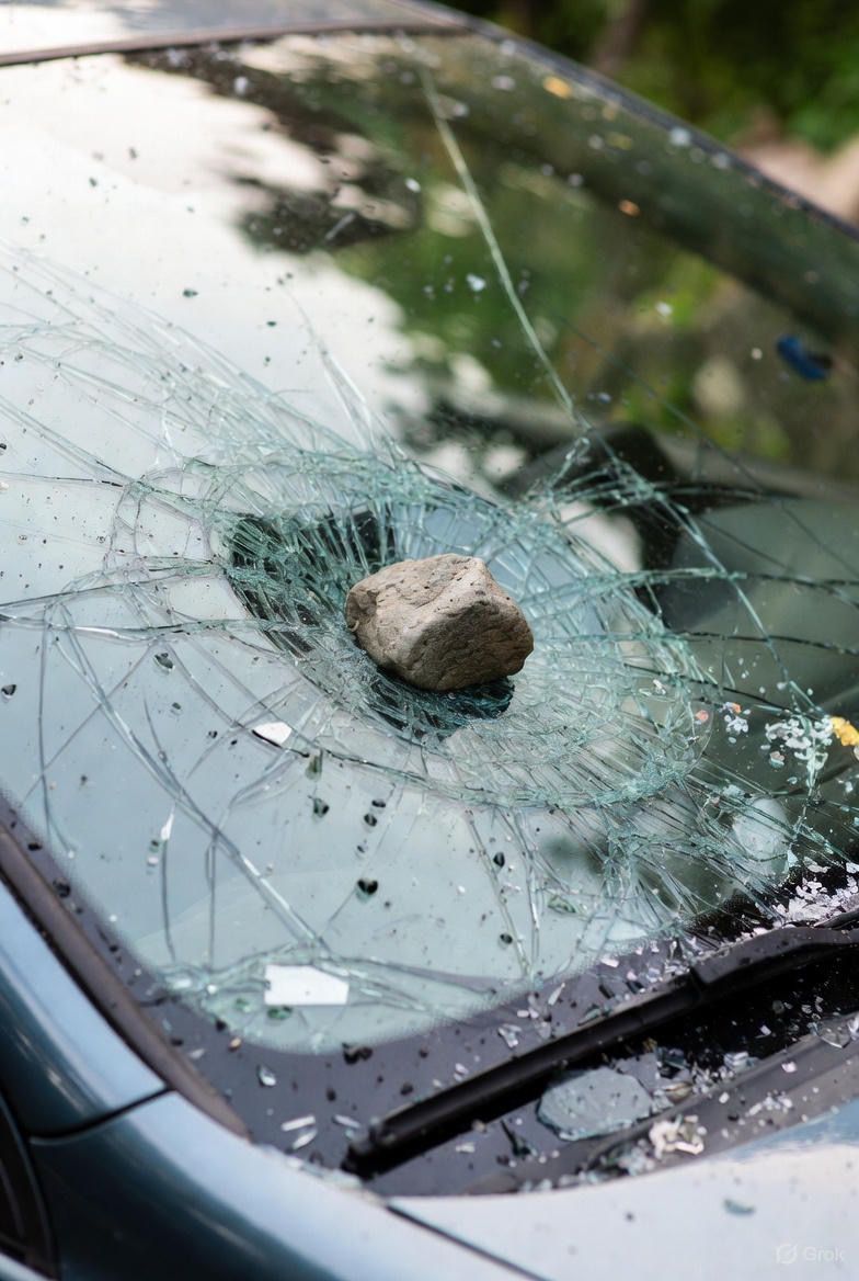 Pare-brise de voiture brisé avec une pierre posée au centre du choc.