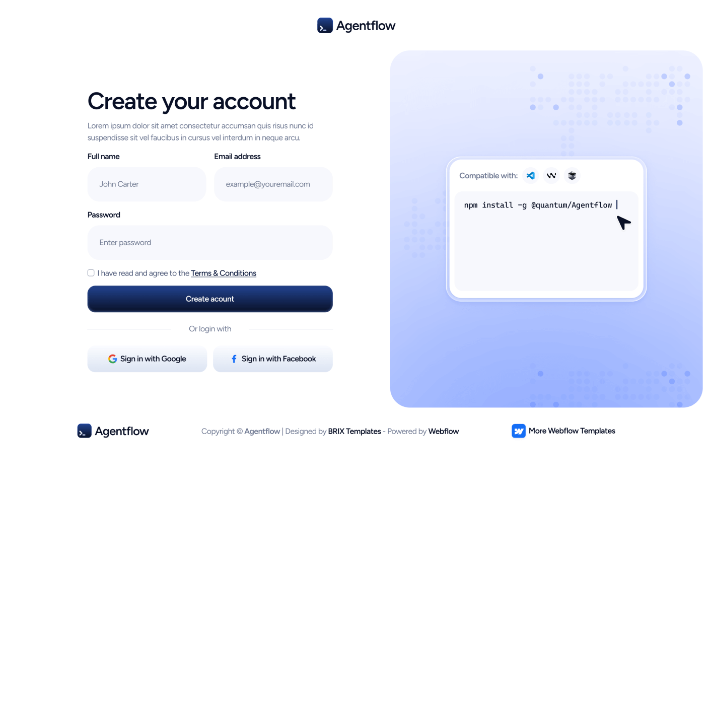 Agentflow - Sign Up Page - Terminal AI Webflow Template