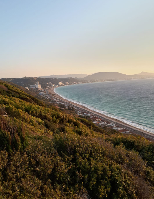 Küstenlinie mit grün bewachsenen Hügeln im Vordergrund, einem Strand und ruhigem Meer bei Sonnenuntergang.