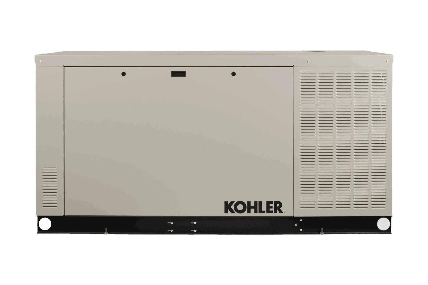 Large beige Kohler standby generator with ventilation grilles on the right side.