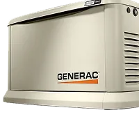 Generac standby generator in beige with ventilation slats on the side.