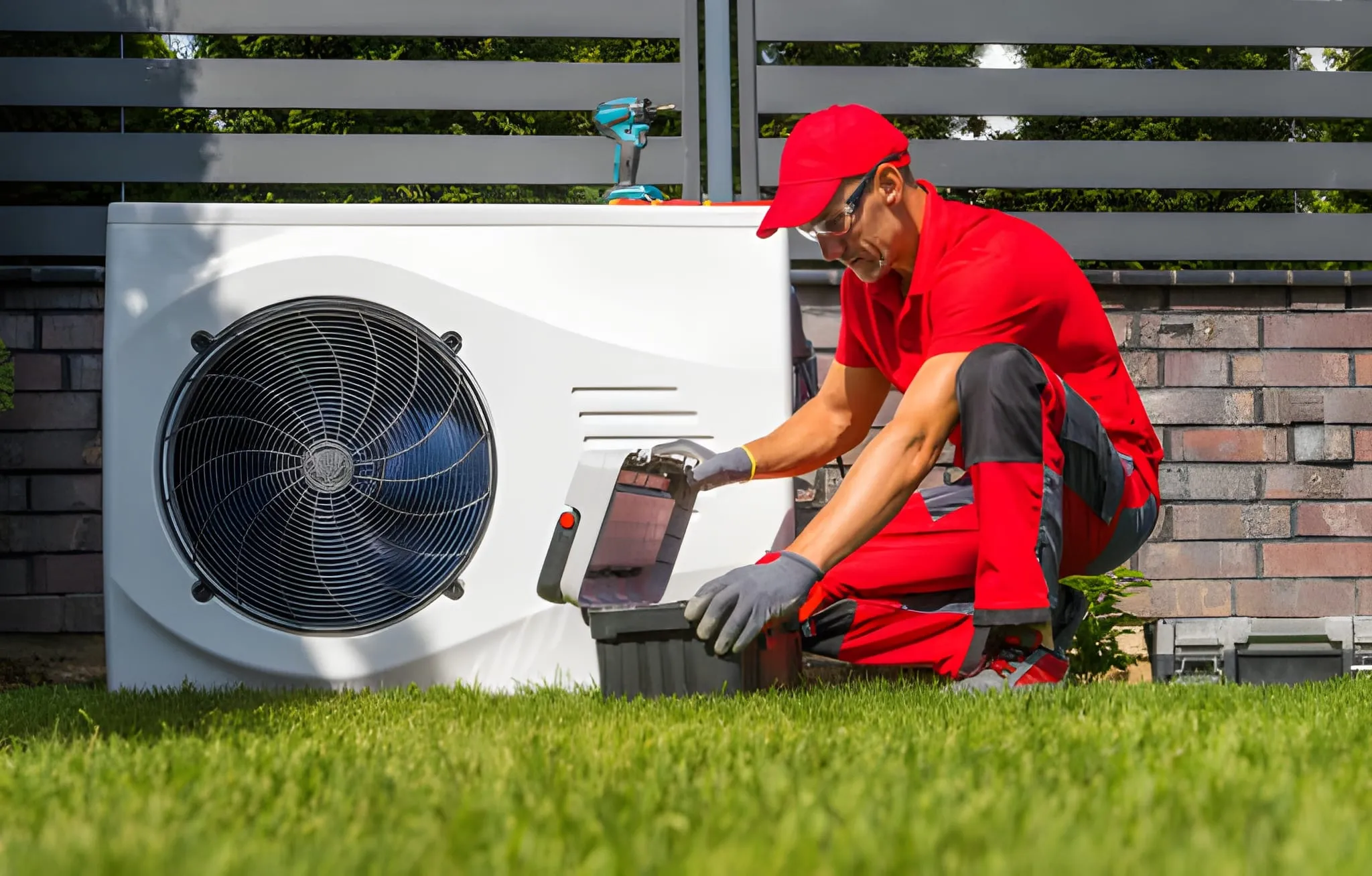 Technician in red uniform and cap working on an outdoor air conditioning unit with tools on the grass.