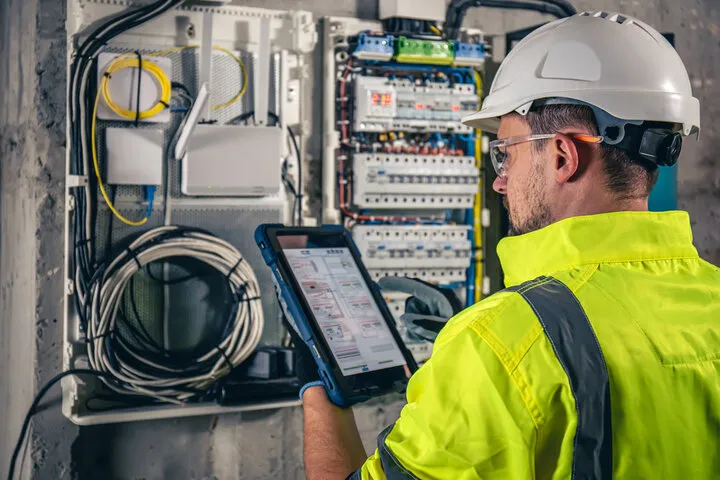 Electrician in a white hard hat and high-visibility jacket uses a tablet while inspecting an electrical panel with wires and circuit breakers.