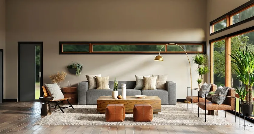 Modern living room with gray sofa, wooden coffee table, leather ottomans, armchairs, and large windows overlooking greenery.