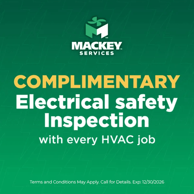 Mackey Services logo above text offering complimentary electrical safety inspection with every HVAC job, valid until 09/30/2025.