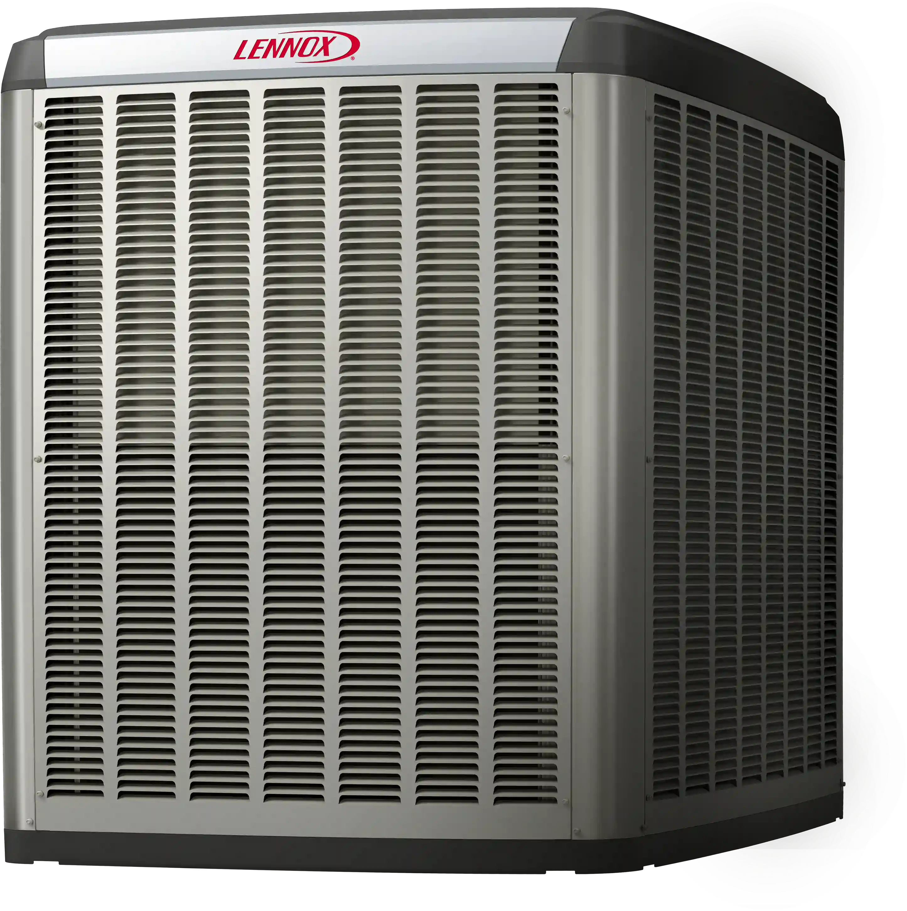 Lennox branded outdoor air conditioning unit with metal grille casing.