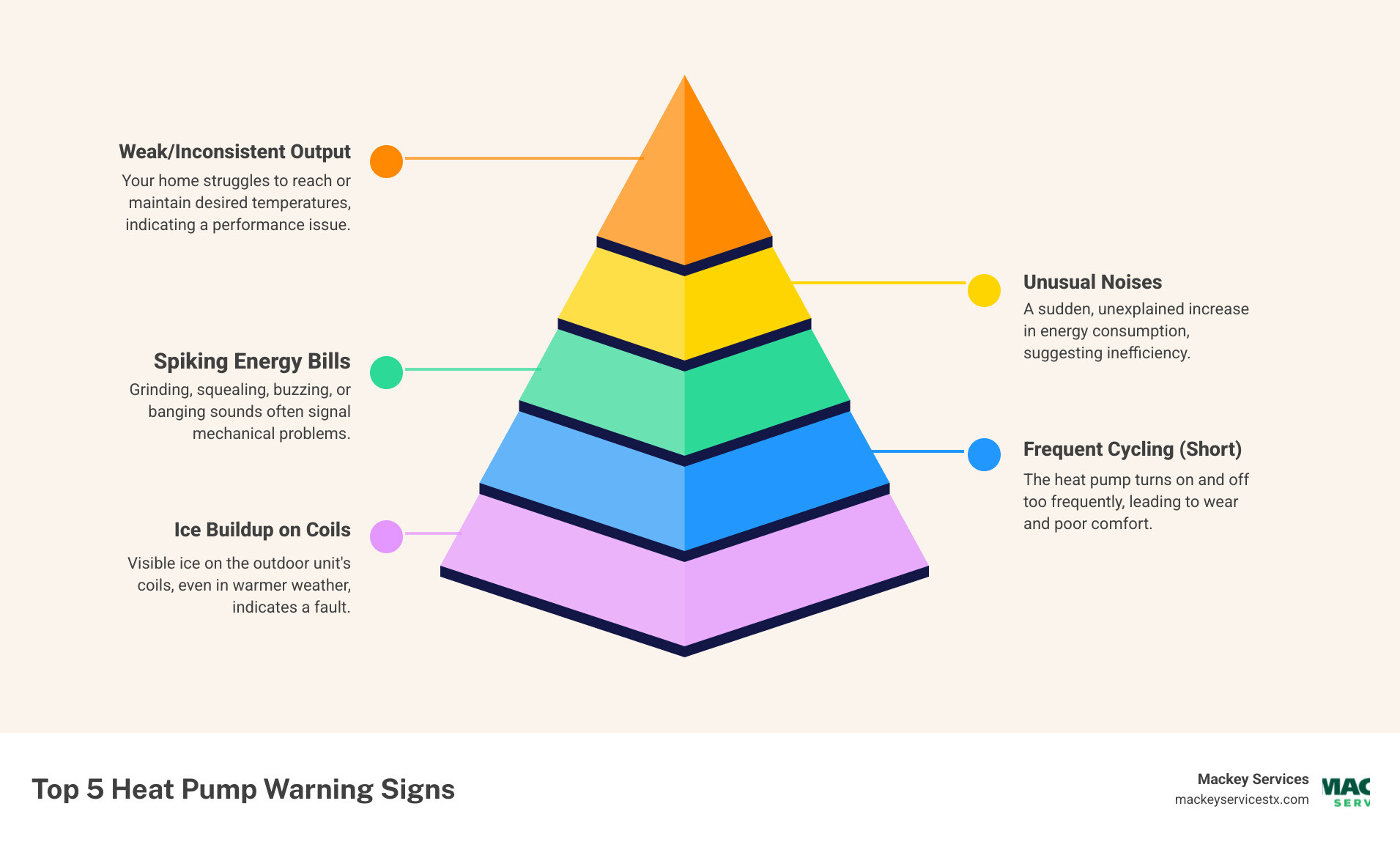 Infographic showing the top 5 warning signs that a heat pump needs repair: weak or inconsistent heating and cooling, unusual grinding or squealing noises, sudden spikes in energy bills, frequent on-off cycling, and ice forming on outdoor coils - affordable heat pump repair in texas city, tx infographic pyramid-hierarchy-5-steps