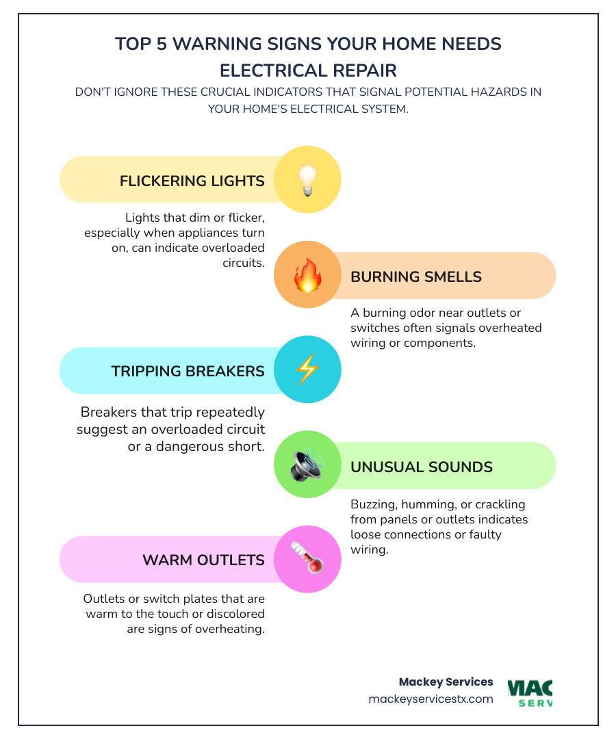 Infographic showing the top 5 warning signs your home needs electrical repair: flickering or dimming lights, burning smell from outlets or switches, frequently tripping circuit breakers, buzzing or crackling sounds from electrical panels, and warm or discolored outlets and switch plates - best electrical repair in league city, tx infographic infographic-line-5-steps-colors Infographic showing the top 5 warning signs your home needs electrical repair: flickering or dimming lights, burning smell from outlets or switches, frequently tripping circuit breakers, buzzing or crackling sounds from electrical panels, and warm or discolored outlets and switch plates - best electrical repair in league city, tx infographic infographic-line-5-steps-colors