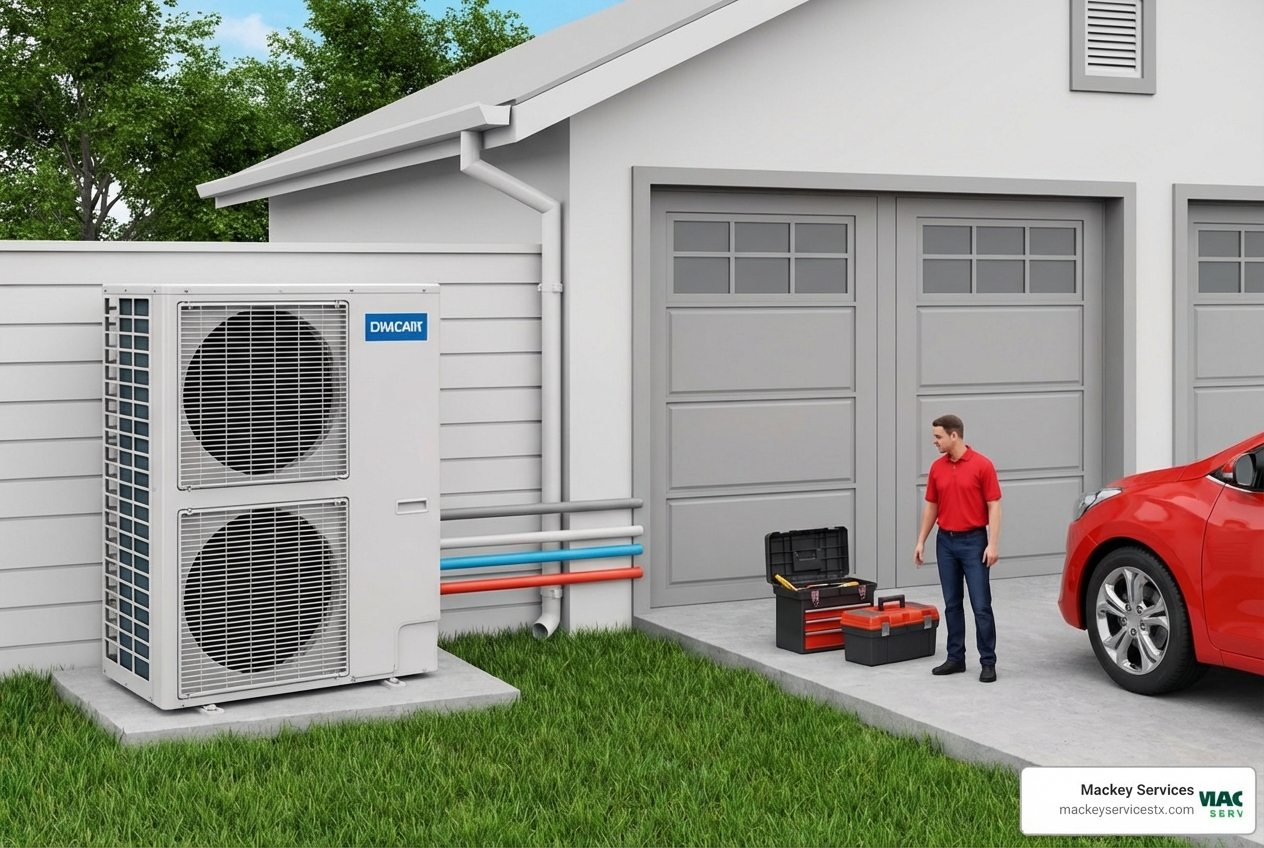 Infographic showing a heat pump system diagram with outdoor and indoor units connected by refrigerant lines, illustrating how the system switches between heating and cooling modes, with labeled components including compressor, coils, reversing valve, and air handler, plus indicators showing the system provides year-round comfort in moderate climates like Texas City - heat pump repair near me in texas city, tx Infographic showing a heat pump system diagram with outdoor and indoor units connected by refrigerant lines, illustrating how the system switches between heating and cooling modes, with labeled components including compressor, coils, reversing valve, and air handler, plus indicators showing the system provides year-round comfort in moderate climates like Texas City - heat pump repair near me in texas city, tx