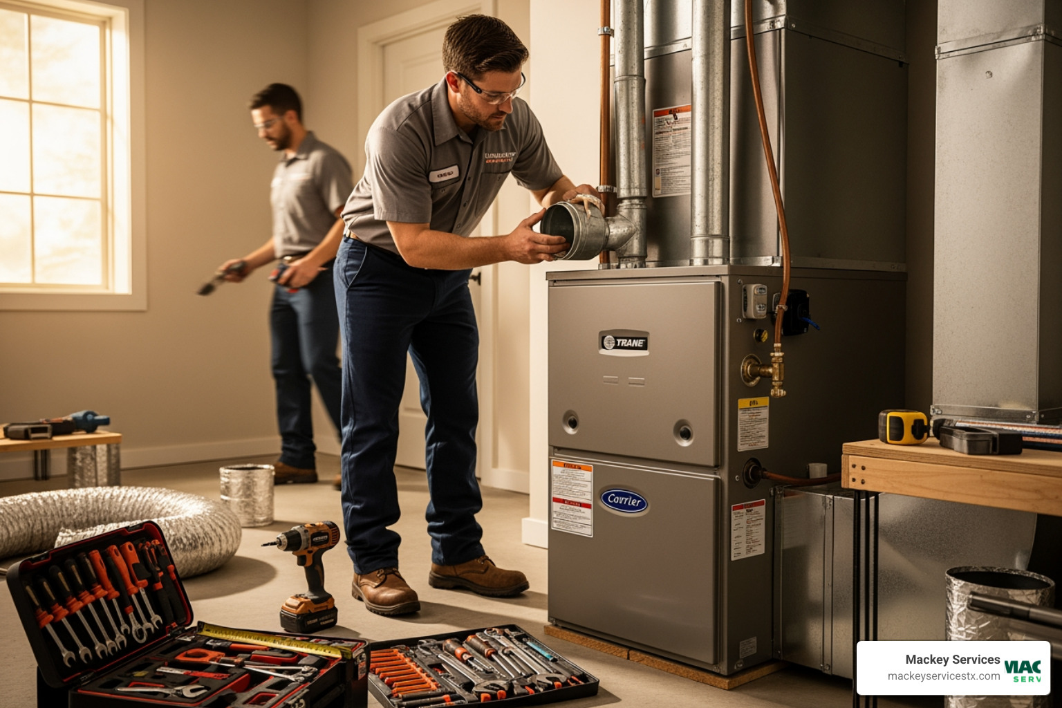 Infographic showing the key benefits of professional heating installation: improved home safety with proper ventilation and carbon monoxide prevention, optimal energy efficiency with correctly sized systems and sealed ductwork, long-term reliability with manufacturer warranties and quality workmanship, lower utility bills through high-efficiency equipment and proper installation, and peace of mind with licensed technicians and post-installation support - best heating installation in league city, tx