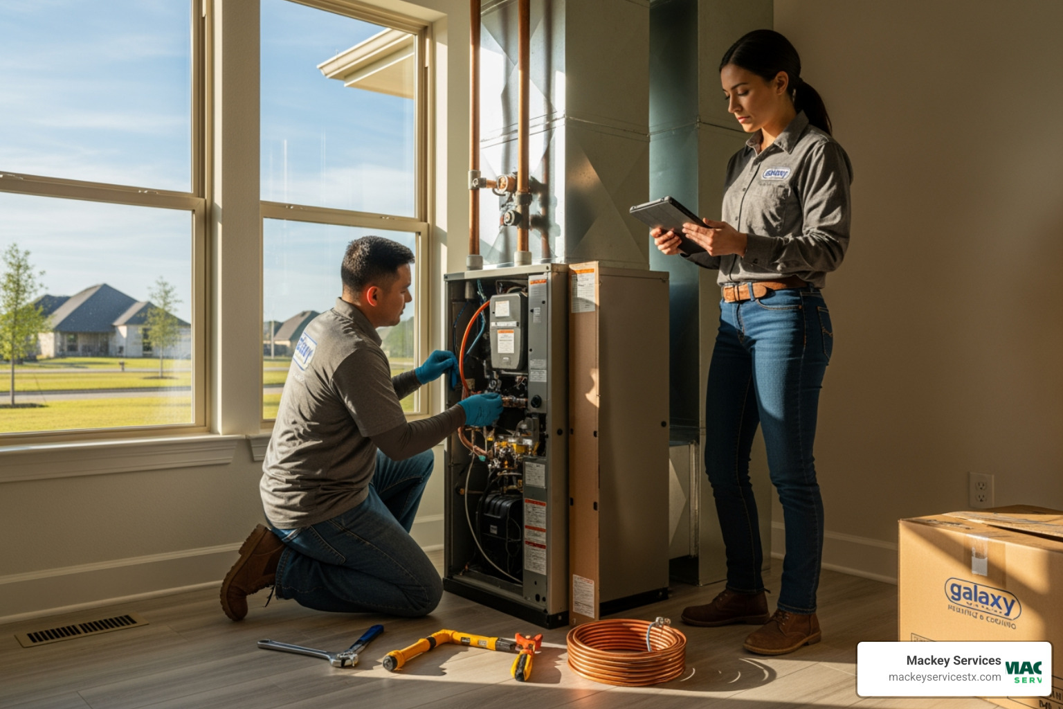 infographic showing factors that determine heating installation costs in League City including system type comparison chart, home size calculator, ductwork condition checklist, efficiency rating examples with SEER and AFUE numbers, installation complexity levels, and professional vs DIY risk comparison - affordable heating installation in league city, tx