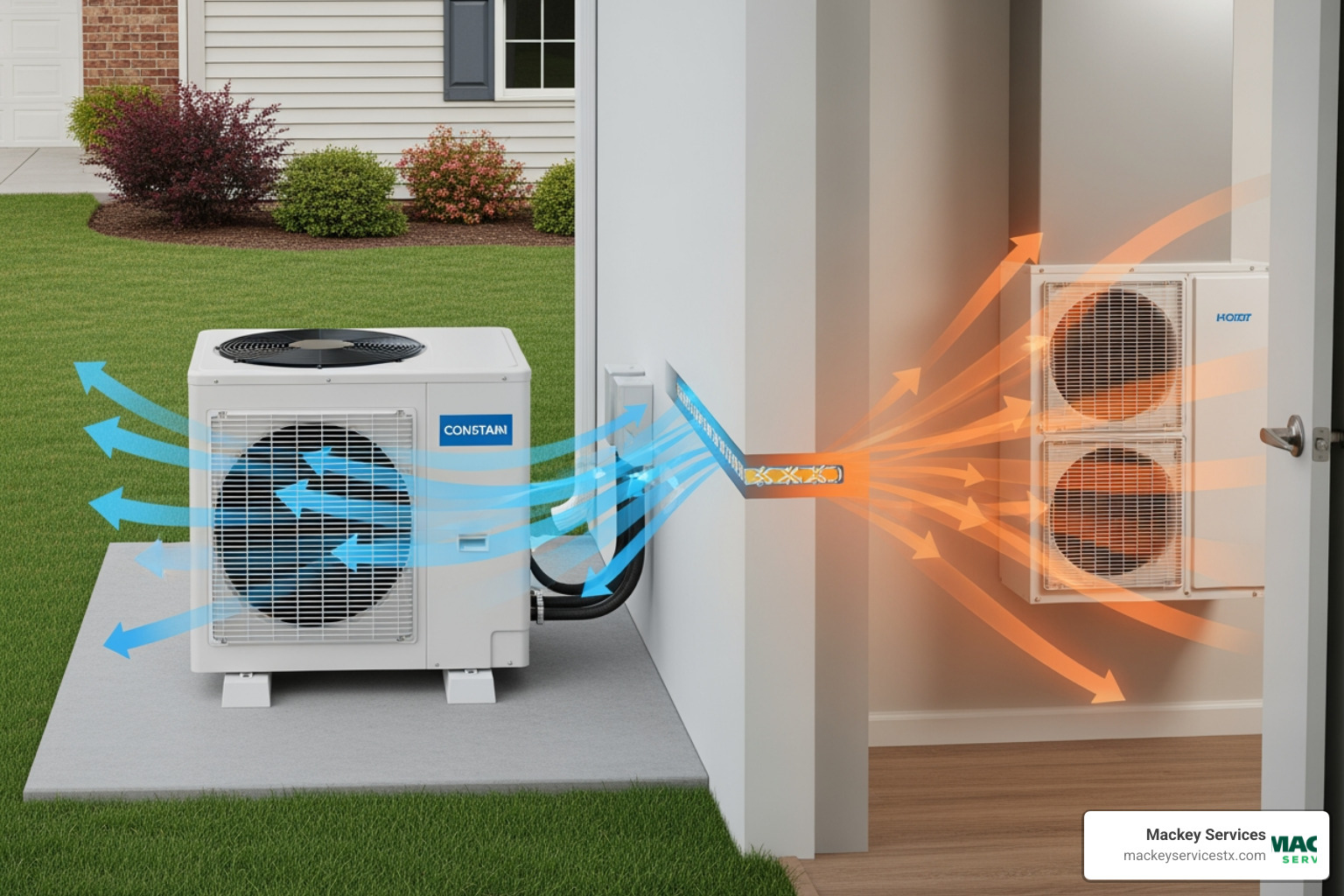 Infographic explaining how a heat pump transfers heat for cooling and heating - heat pump repair houston tx