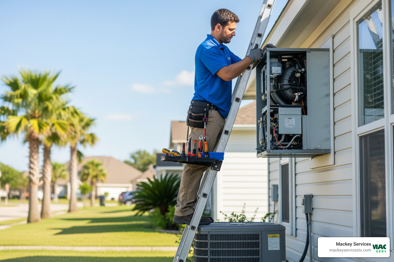Infographic showing the top 5 signs your AC needs immediate attention: warm air blowing from vents, weak airflow, strange noises like grinding or squealing, foul odors, and water leaks around the unit - ac repair in league city, tx
