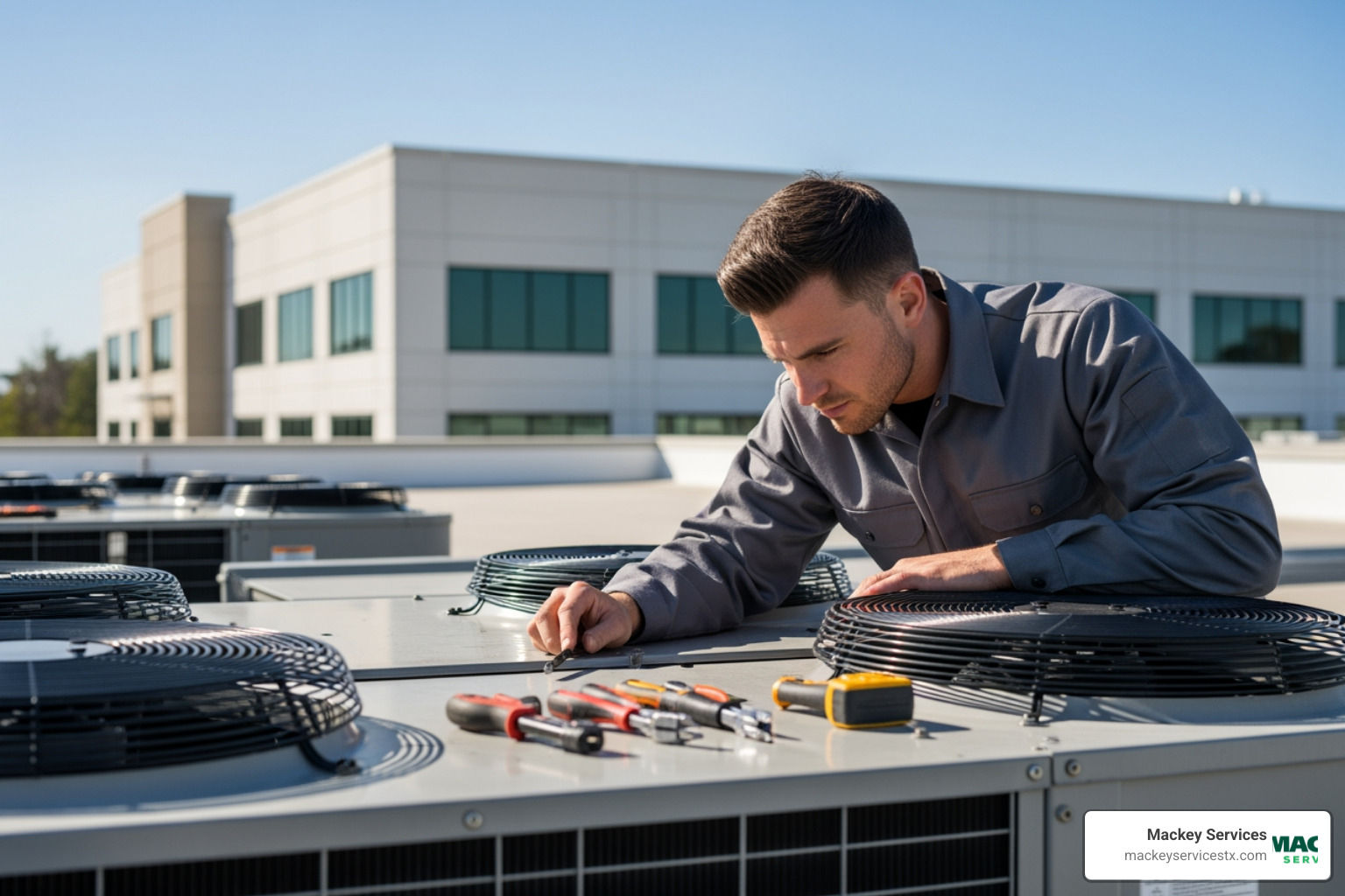 Infographic showing four key benefits of commercial AC maintenance: a dollar sign with downward arrow representing lower energy bills, a calendar with extended timeline for longer equipment lifespan, lungs or air quality symbol for improved indoor air quality, and a wrench with prohibition symbol for fewer emergency repairs - commercial ac maintenance in la porte, tx