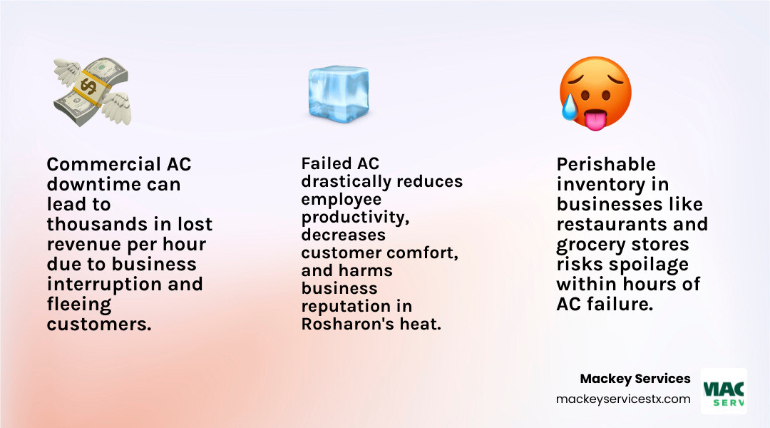 infographic showing the costs of commercial AC downtime including lost revenue per hour, employee productivity decline, inventory spoilage risks, customer complaints, and the average response time comparison between emergency services versus waiting until morning - 24 hour commercial ac maintenance in rosharon, tx infographic 3_facts_emoji_light-gradient
