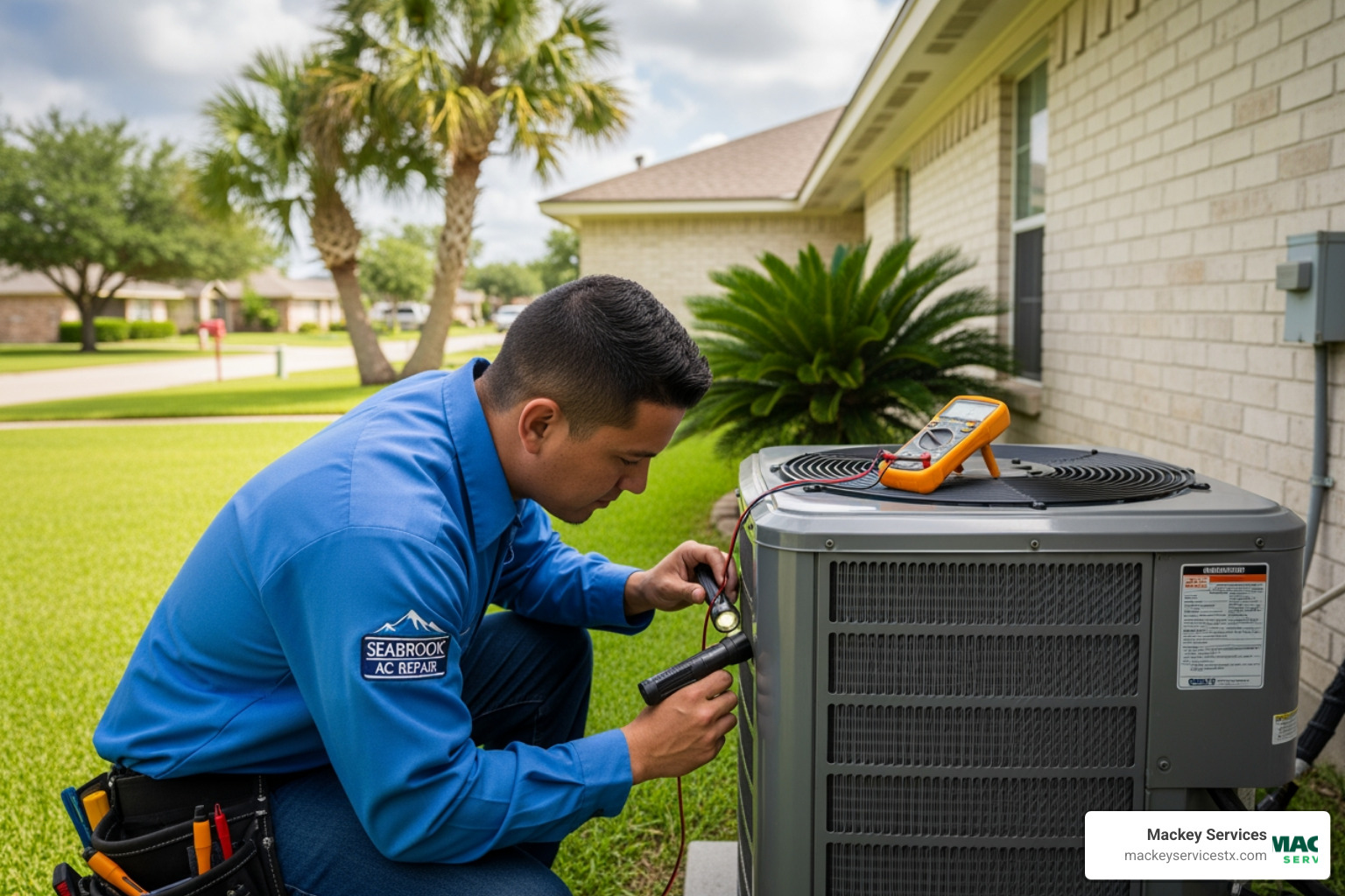Infographic showing the most common AC problems in Seabrook TX including corroded coils from salt air, clogged condensate drains from humidity, refrigerant leaks, weak airflow, and electrical failures, with icons indicating when to call for professional repair versus simple DIY fixes homeowners can try first - ac repair seabrook tx