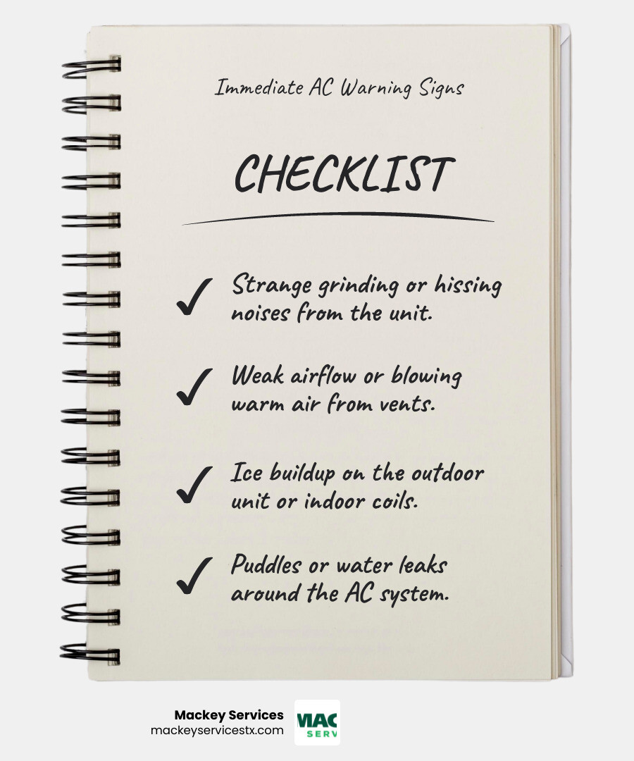Infographic showing the top 5 warning signs your AC needs immediate professional attention: strange grinding or hissing noises, weak or warm airflow from vents, ice buildup on outdoor unit or indoor coils, water pooling near the system, and frequent on-off cycling - best ac repair in baytown, tx infographic checklist-notebook Infographic showing the top 5 warning signs your AC needs immediate professional attention: strange grinding or hissing noises, weak or warm airflow from vents, ice buildup on outdoor unit or indoor coils, water pooling near the system, and frequent on-off cycling - best ac repair in baytown, tx infographic checklist-notebook