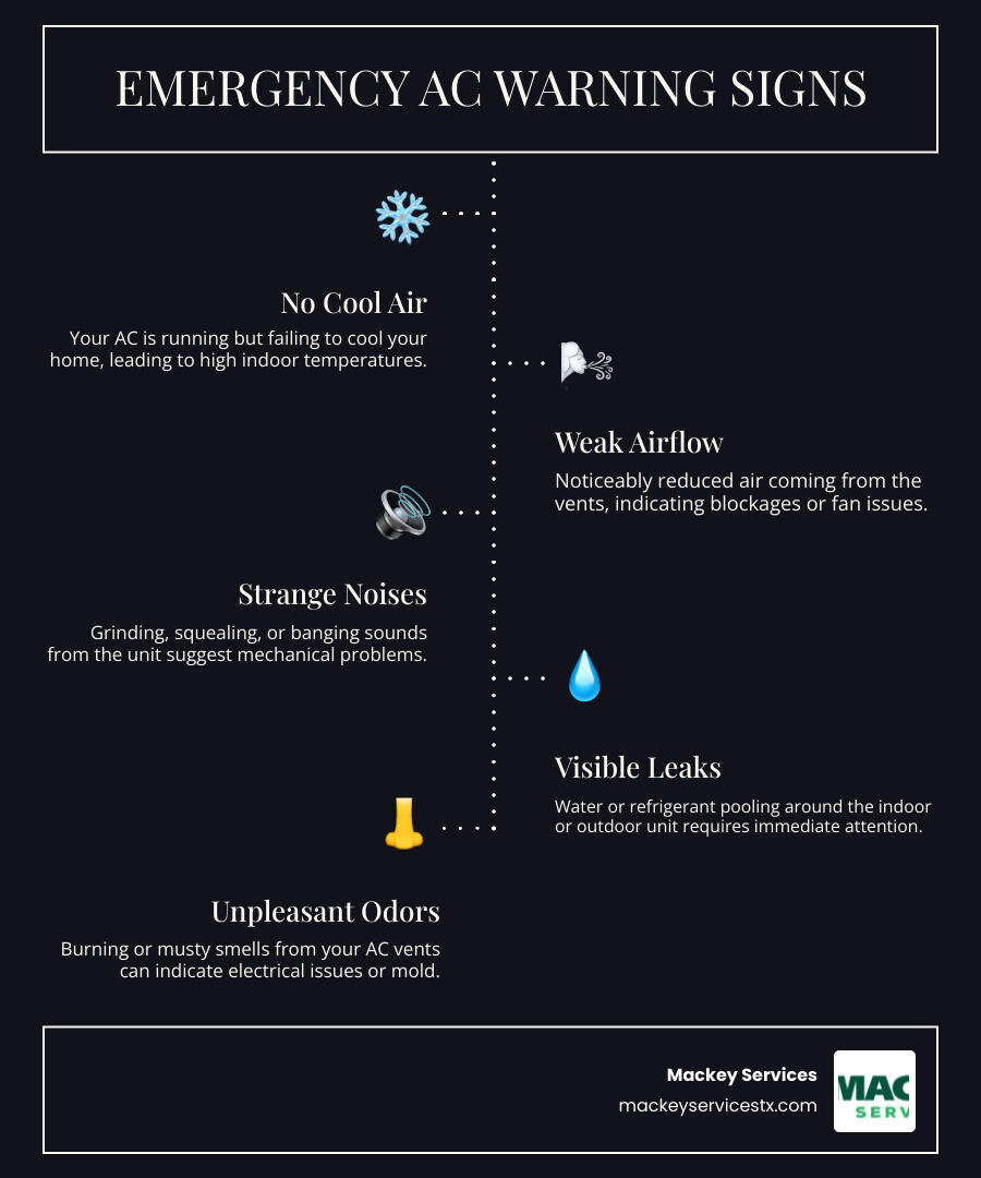 infographic showing common AC emergency signs including no cool air, strange noises, leaks, high humidity, weak airflow, and burning smells, with icons representing each warning sign and a note that most AC failures occur May through October in Baytown TX - 24 hour ac maintenance in baytown, tx infographic infographic-line-5-steps-dark infographic showing common AC emergency signs including no cool air, strange noises, leaks, high humidity, weak airflow, and burning smells, with icons representing each warning sign and a note that most AC failures occur May through October in Baytown TX - 24 hour ac maintenance in baytown, tx infographic infographic-line-5-steps-dark