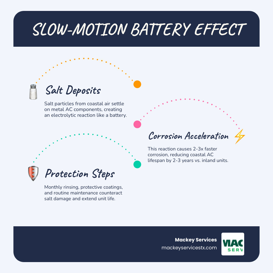 Infographic showing how salt air acts as a slow-motion battery corroding AC components and steps to extend coastal AC life