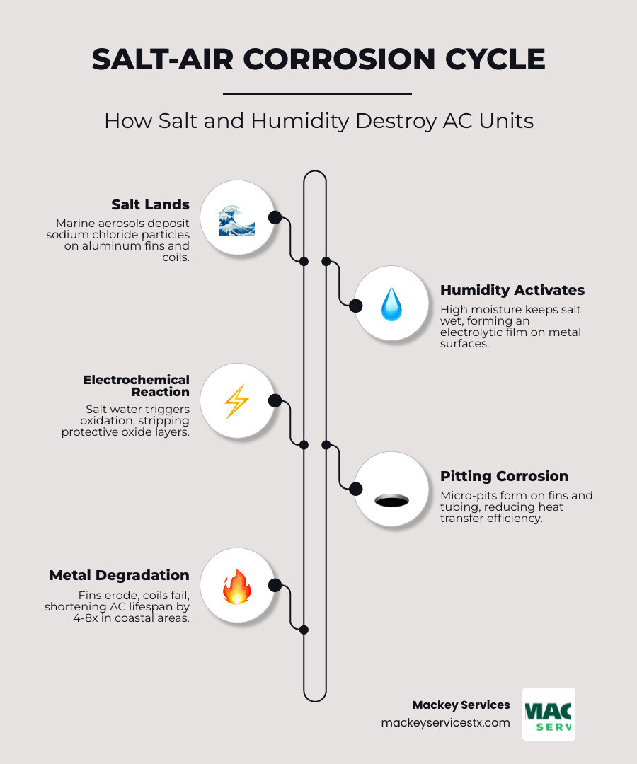Infographic showing the salt-air corrosion cycle: salt particles land on metal, humidity keeps them wet, electrochemical
