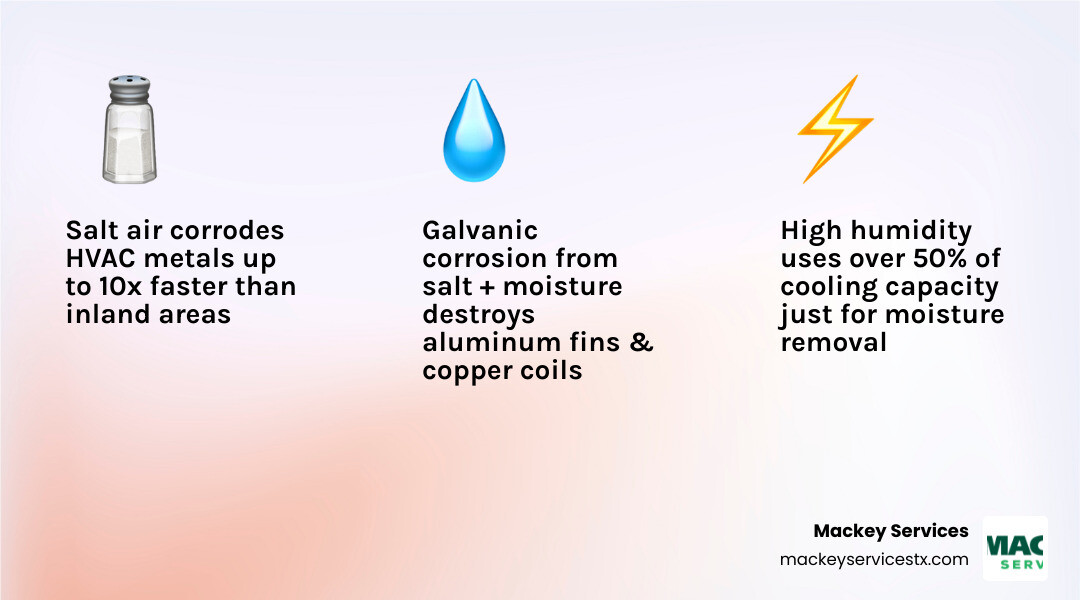 Infographic showing Gulf Coast HVAC lifecycle: salt corrosion, humidity overload, biological growth, storm damage, and Infographic showing Gulf Coast HVAC lifecycle: salt corrosion, humidity overload, biological growth, storm damage, and
