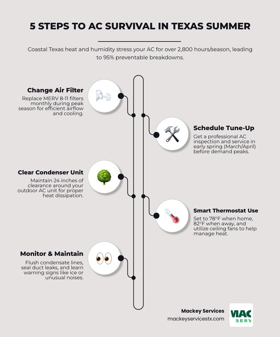 Infographic showing how Texas summer heat stresses AC components and key prevention steps - how to make sure your ac Infographic showing how Texas summer heat stresses AC components and key prevention steps - how to make sure your ac