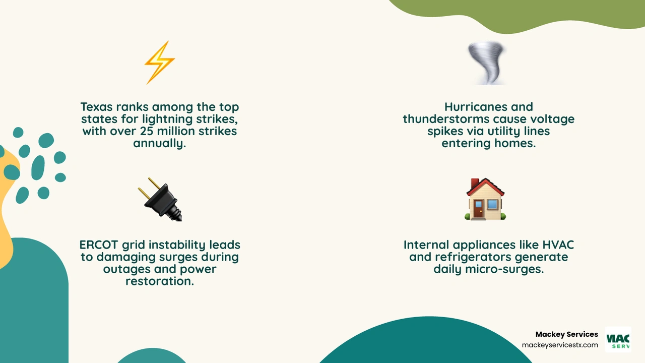 Infographic showing how power surges enter a Texas home via utility lines, lightning, communication lines, and internal Infographic showing how power surges enter a Texas home via utility lines, lightning, communication lines, and internal