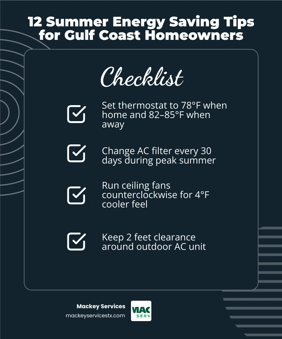 Infographic showing 12 summer energy saving tips for Gulf Coast homeowners including thermostat settings humidity control