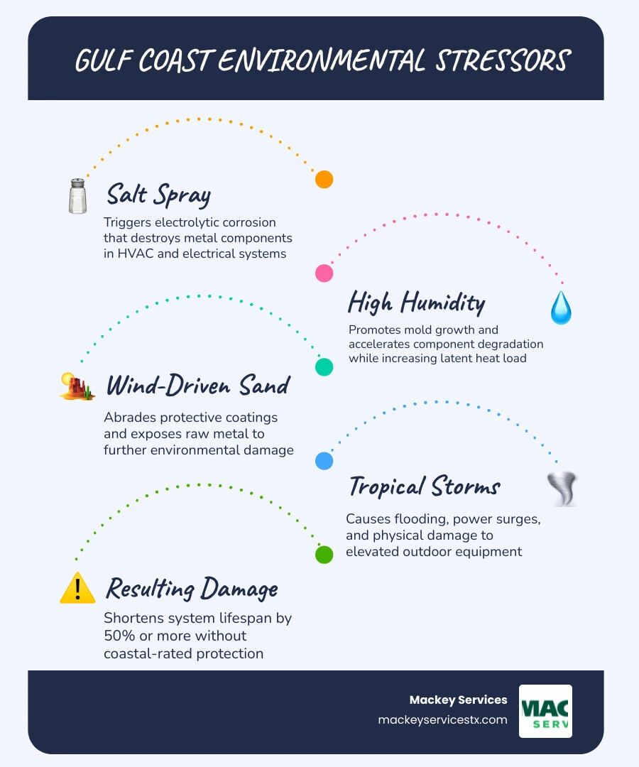 Infographic showing coastal environmental stressors including salt air, humidity, sand, and storms and their effects on HVAC