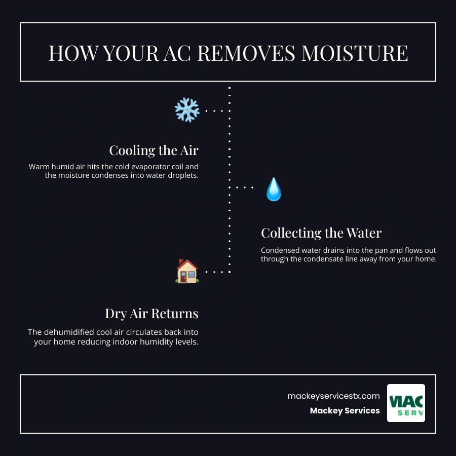 Infographic showing how AC units remove moisture and top causes of high indoor humidity with AC running infographic Infographic showing how AC units remove moisture and top causes of high indoor humidity with AC running infographic