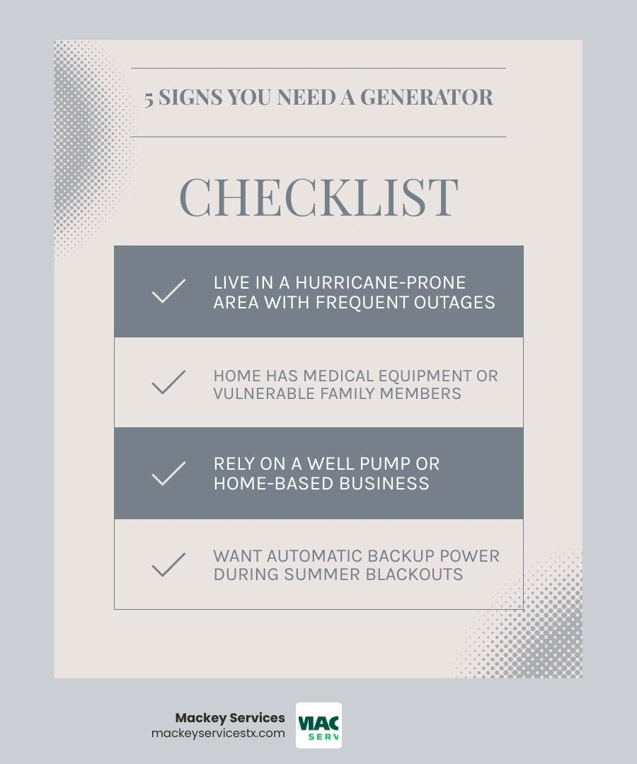 Infographic: 5 signs you need a whole home generator on the Gulf Coast - hurricane outage risk, medical needs, home office Infographic: 5 signs you need a whole home generator on the Gulf Coast - hurricane outage risk, medical needs, home office