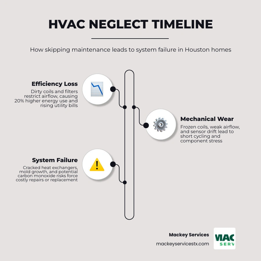 Timeline infographic showing HVAC neglect progression from efficiency loss to system failure infographic
