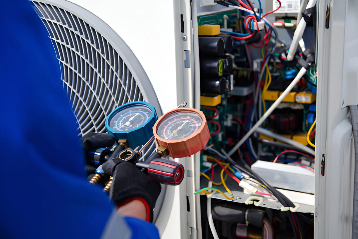 technician inspecting a dirty condenser coil
