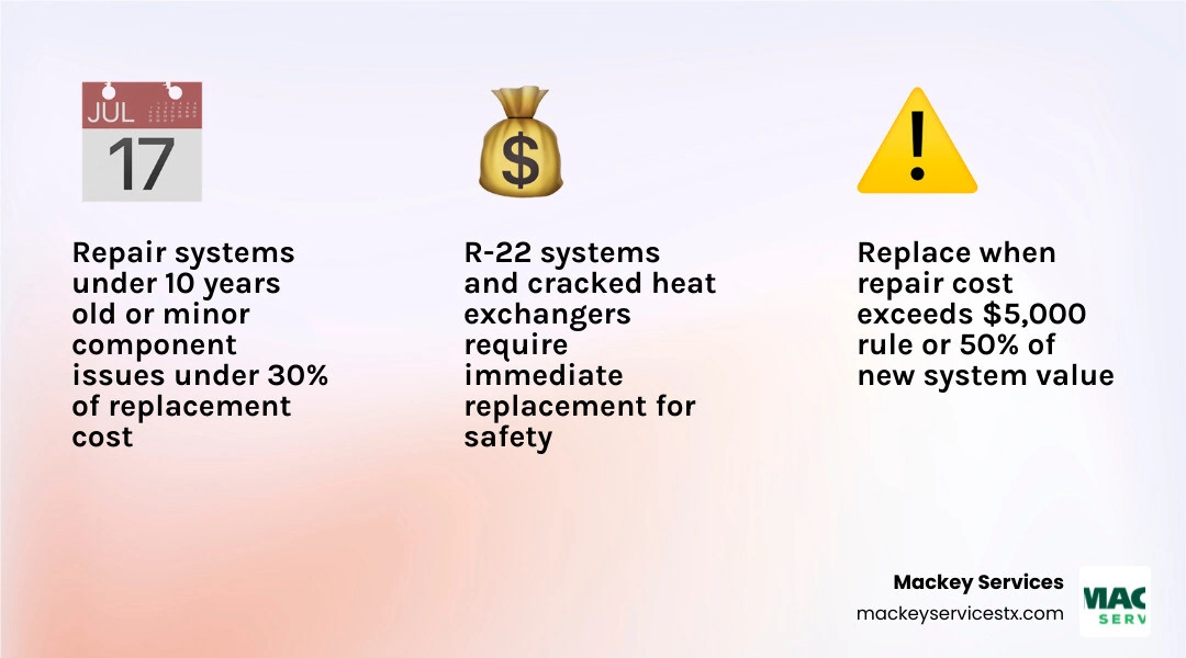 HVAC repair vs replacement decision matrix infographic with age, cost rules, and component failure signals infographic HVAC repair vs replacement decision matrix infographic with age, cost rules, and component failure signals infographic