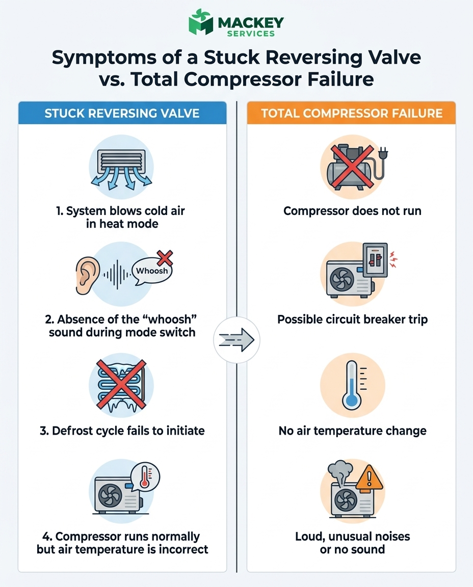 Symptoms of a Stuck Reversing Valve vs. Total Compressor Failure