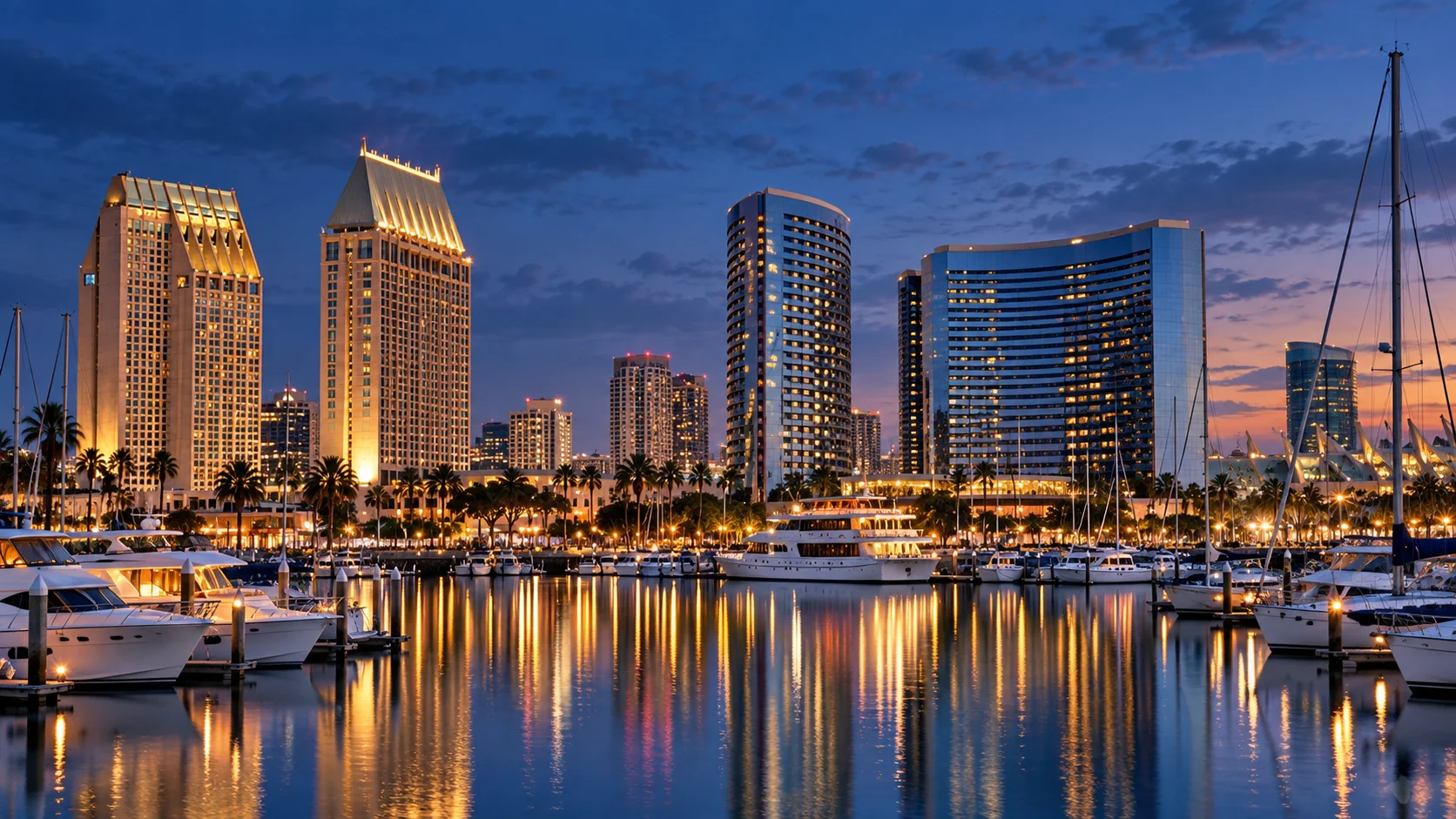 San Diego marina waterfront at dusk