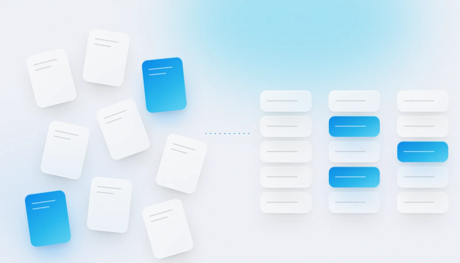Loose documents sorted into neat stacks, with a few blue sheets filed in the wrong stack