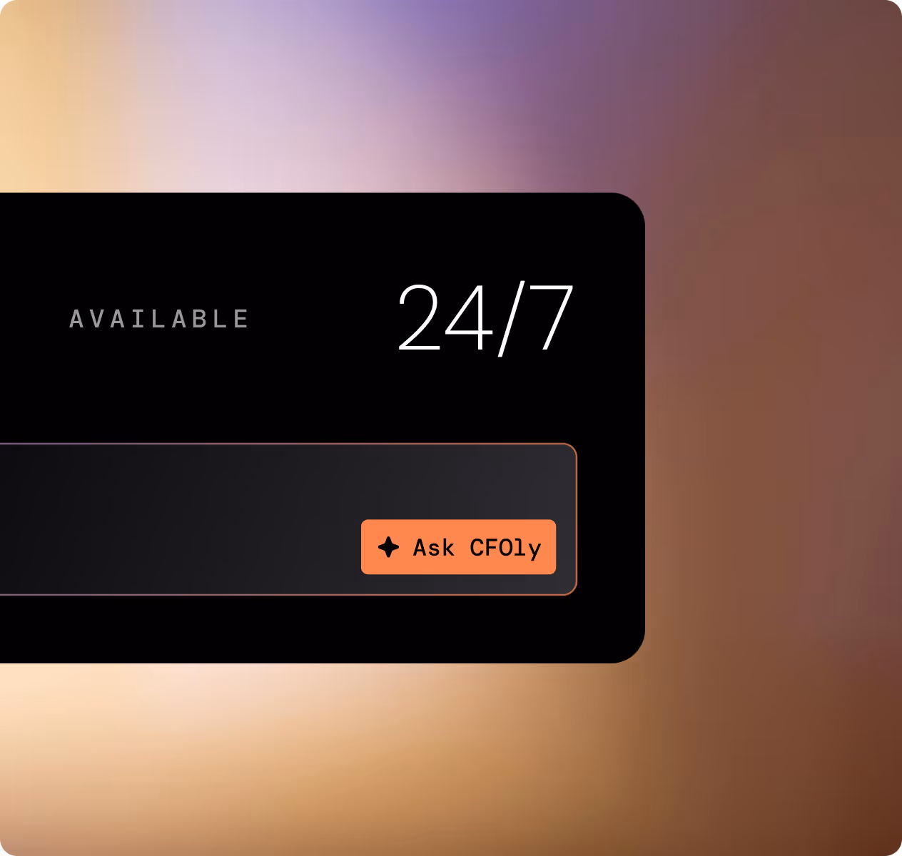 Interface showing availability 24/7 with a button labeled 'Ask CFO1y'.