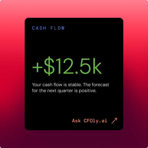 Cash flow forecast showing a positive cash flow of plus $12.5k with a stable and positive outlook for the next quarter.
