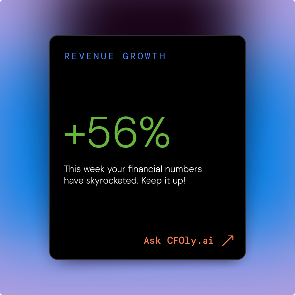 Financial dashboard showing 56% revenue growth with message encouraging continued success.