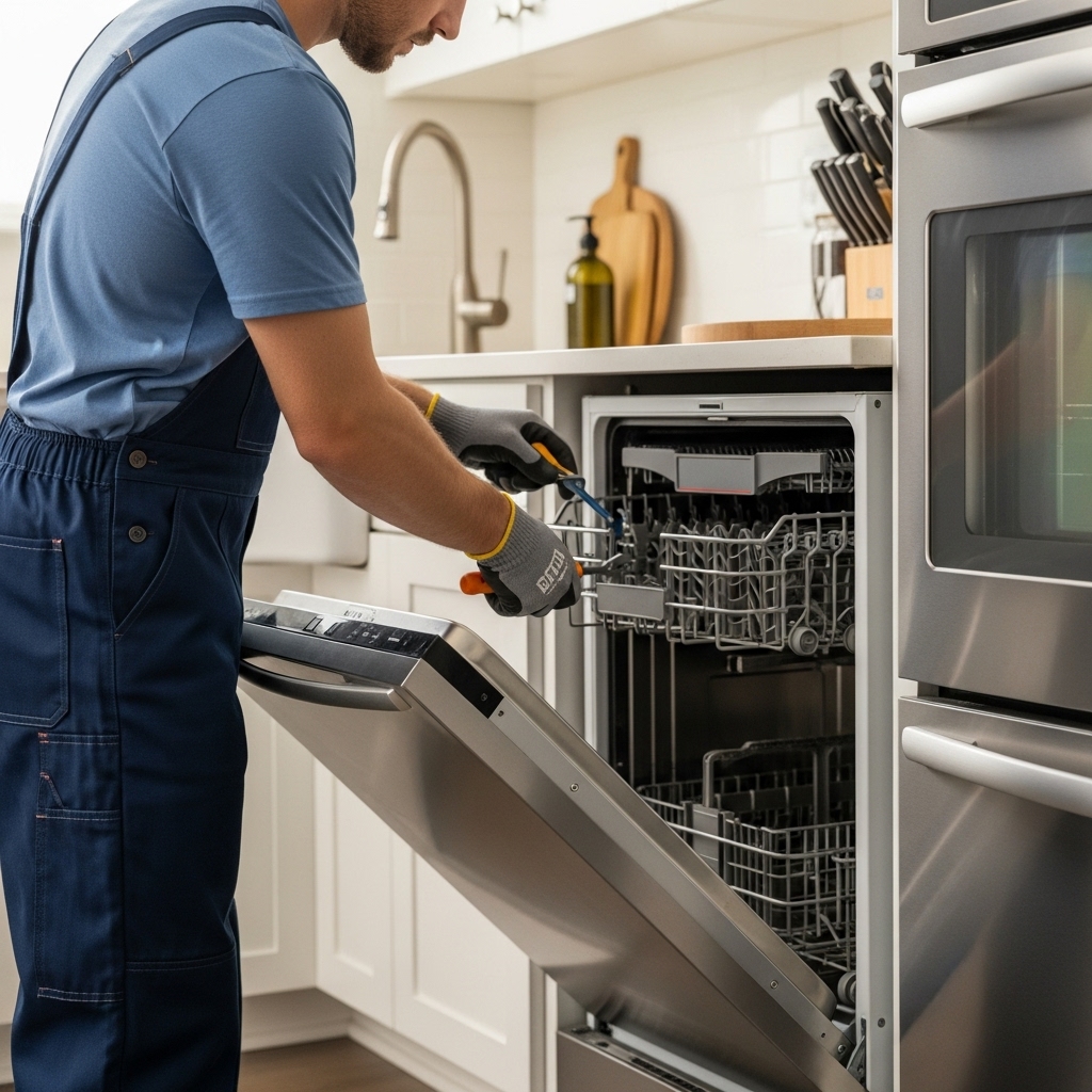 A man in overalls stands in front of a dishwasher, ready to load or unload dishes.